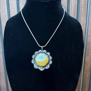 Silver Tone Statement Pendant Necklace | Yellow & Blue Stone | Floral Frame